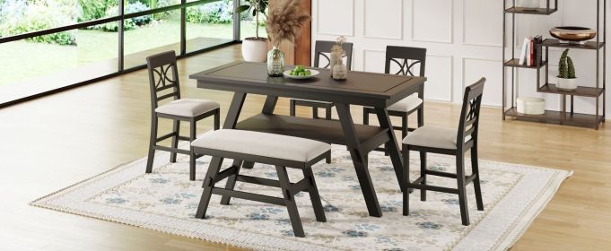 TOPMAX 6-Piece Wood Counter Height Dining Table Set with Storage Shelf, Kitchen Table Set with Bench and 4 Chairs,Rustic Style,Espresso+Beige Cus